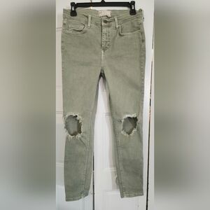 FREE PEOPLE OLIVE GREEN TORN KNEE HIGH RISE STRETCH SKINNY JEANS, 29